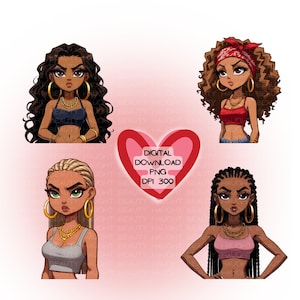 Urban Cartoon Style Characters, 4 Cartoon Girls Bundle, PNG, Sublimation PNG, Cartoon Women Girls, Urban, Downloadable Digital Art