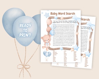 Jeu de baby shower ours bleu, recherche de mots pour bébé, jeux à imprimer pour bébé, recherche de mots pour baby shower, activité baby shower garçon, recherche de mots, modèle