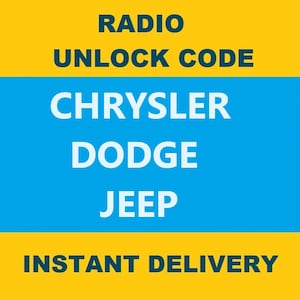 Puede incluir: Un gráfico amarillo y azul con el texto "RADIO UNLOCK CODE" en la parte superior, "CHRYSLER DODGE JEEP" en el medio y "INSTANT DELIVERY" en la parte inferior.