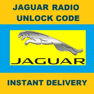 以下が含まれることがあります： 黄色と青色の「JAGUAR RADIO UNLOCK CODE」というテキストが入ったグラフィック。中央にはジャガーのロゴ、黄色の背景に銀色のジャガーが跳ねています。「INSTANT DELIVERY」というテキストが一番下にあります。