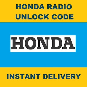以下が含まれることがあります： 黄色と青色のグラフィックで、上部に黒い文字で「HONDA RADIO UNLOCK CODE」、中央に白い長方形に黒い文字で「HONDA」と表示されています。下部に黒い文字で「INSTANT DELIVERY」と表示されています。