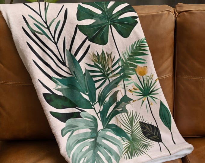 Soft Fleece Blanket with Botanical Design | Cozy Tropical Decor for Living Room and Bedroom | Perfect Gift for Plant Lovers