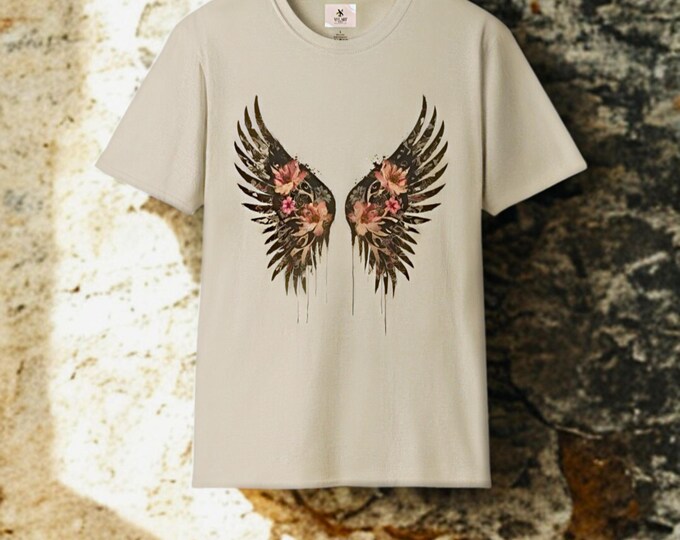 Wings & Blooms unisex t-shirt – boho design with floral wings, ideal for casual spring looks and as an original gift