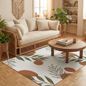 Terracotta Floral Leaves washable rug | Botanical Accent Rug, Machine Washable