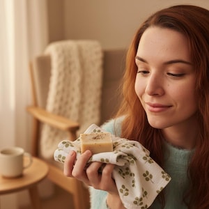 Puede incluir: Una pastilla de jabón de color claro con motas oscuras descansa sobre un paño blanco con estampado verde. El paño está sostenido en las manos de una persona. El fondo incluye una silla, una mesa auxiliar y una taza de café.