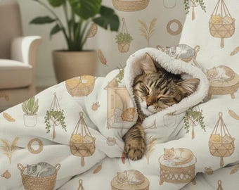 Cozy Cat Baskets blanket | Sherpa Fleece Throw, Neutral Boho Cat Pattern