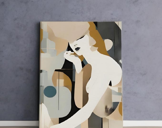 Abstract Art Canvas: Thinking Woman in Earthy Colors | Linear and Circular Geometry