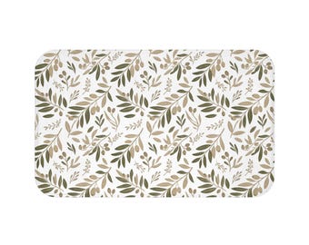 Dywanik łazienkowy z motywem liści w neutralnym, oliwkowo-zielonym kolorze | Dywanik łazienkowy z motywem botanicznym
