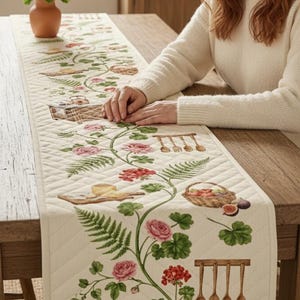 Vintage Floral Quilted Table Runner | Neutral Farmhouse Linen