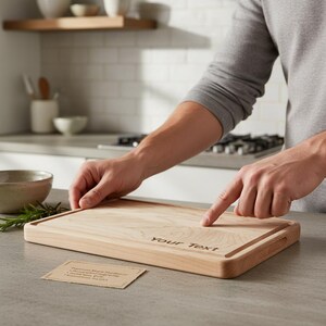 Puede incluir: Una tabla de cortar rectangular de madera clara con una ranura para jugos y el texto "Your Text" grabado en la superficie. La tabla está sobre una encimera gris. Se ve una tarjeta pequeña.