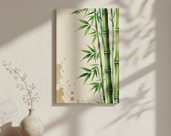 May include: A rectangular wall art print featuring a vertical illustration of green bamboo stalks with pointed leaves on a cream-colored background, accented by light brown watercolor-style paint splatters on the left side.