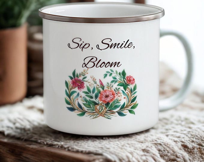 Enamel Mug with Customizable Text – Sip, Smile, Bloom