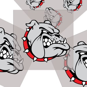 Puede incluir: Un patrón repetido de un bulldog gris con un collar rojo y púas blancas. El bulldog tiene una expresión feroz con los dientes descubiertos.