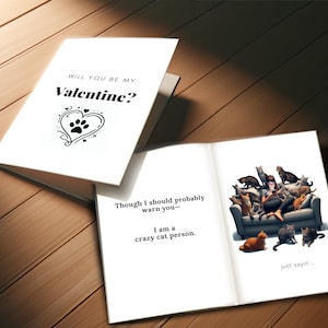 Grappige Valentijnskaart van een gekke kattenmens: downloadbare, printbare kaart voor iemand waarvan je hoopt dat hij genoeg van katten houdt om jou een kans te geven.