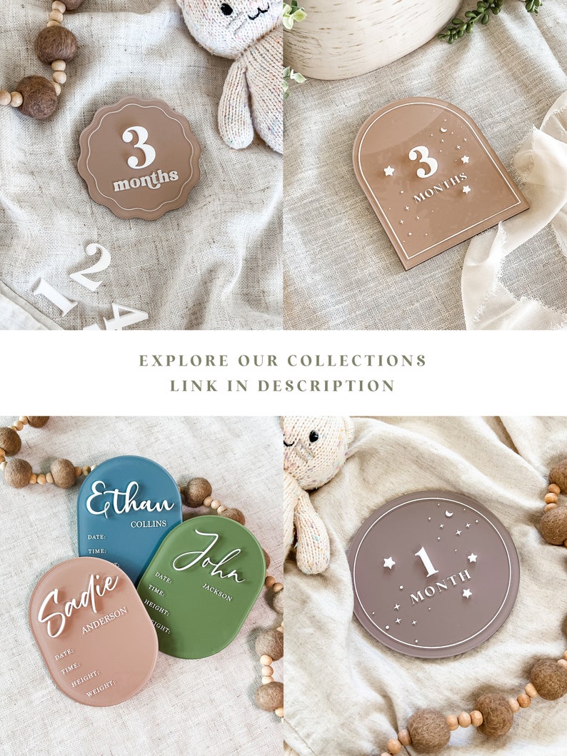 May include: A collection of baby milestone markers and name plaques in various colors. The markers display the number "3" and the word "months". The name plaques include names and spaces for date, time, height, and weight. The text "EXPLORE OUR COLLECTIONS LINK IN DESCRIPTION" is also visible.