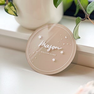 Cartes de visite en acrylique Nuit étoilée | Cadeau baby shower | Accessoire photo bébé | Prénom personnalisé pour bébé | Nom de bébé révélé