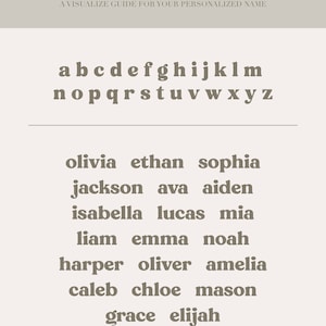 May include: A beige font chart with the text "FONT CHART" and "A VISUALIZE GUIDE FOR YOUR PERSONALIZED NAME". The chart displays the alphabet and a list of names in a serif font.