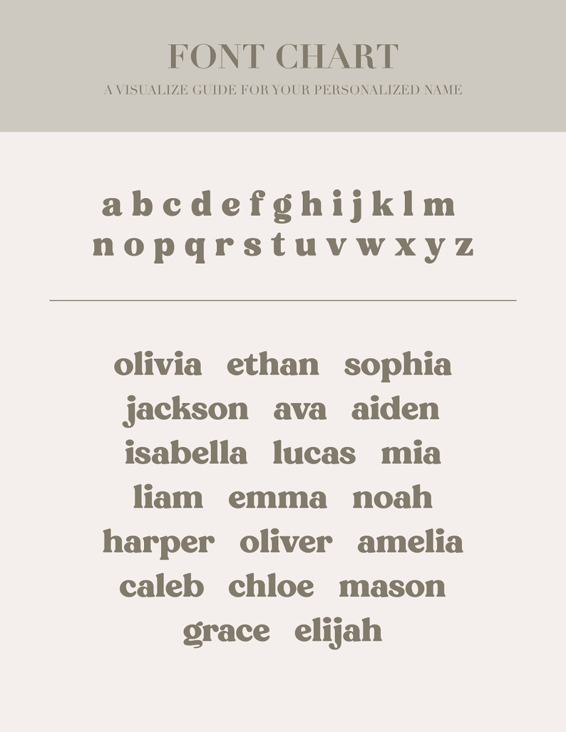 May include: A beige font chart with the text "FONT CHART" and "A VISUALIZE GUIDE FOR YOUR PERSONALIZED NAME". The chart displays the alphabet and a list of names in a serif font.