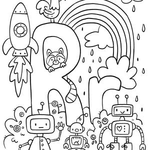 以下が含まれることがあります： ロケット、オンドリ、虹、雲、ロボットを描いた白黒イラスト。大きな「R」の文字の後ろからアライグマが顔をのぞかせている。雨粒が降っている。ロボットたちは道にいる。