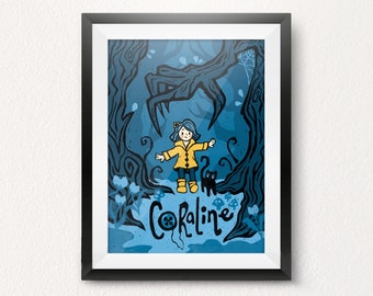 Coraline Print: Cute & Creepy Wood Block Style Art