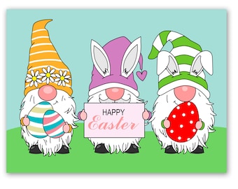 Whimsical Gnome Trio Happy Easter Cards 12 or 24 Count-Blank Inside-A2 Size 5.5”x4.25”
