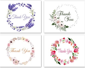 Floral Wreath Thank You Cards 12 or 24 Count - Blank Inside with Envelopes - A2 Size (5.5”x4.25”) - Family, Friends, Colleagues, and More