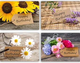 Flower Happy Birthday Notecards 12 or 24 Count - Blank Inside with Envelopes - A2 Size (5.5”x4.25”) - Family, Friends, Colleagues, and More