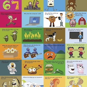 May include: A colorful illustration with 16 squares, each containing a cartoon character and a humorous question. The questions are written in a playful font and are designed to make children laugh. The illustrations are bright and cheerful, and the characters are all very expressive. This is a great way to encourage children to think creatively and to have fun with language.
