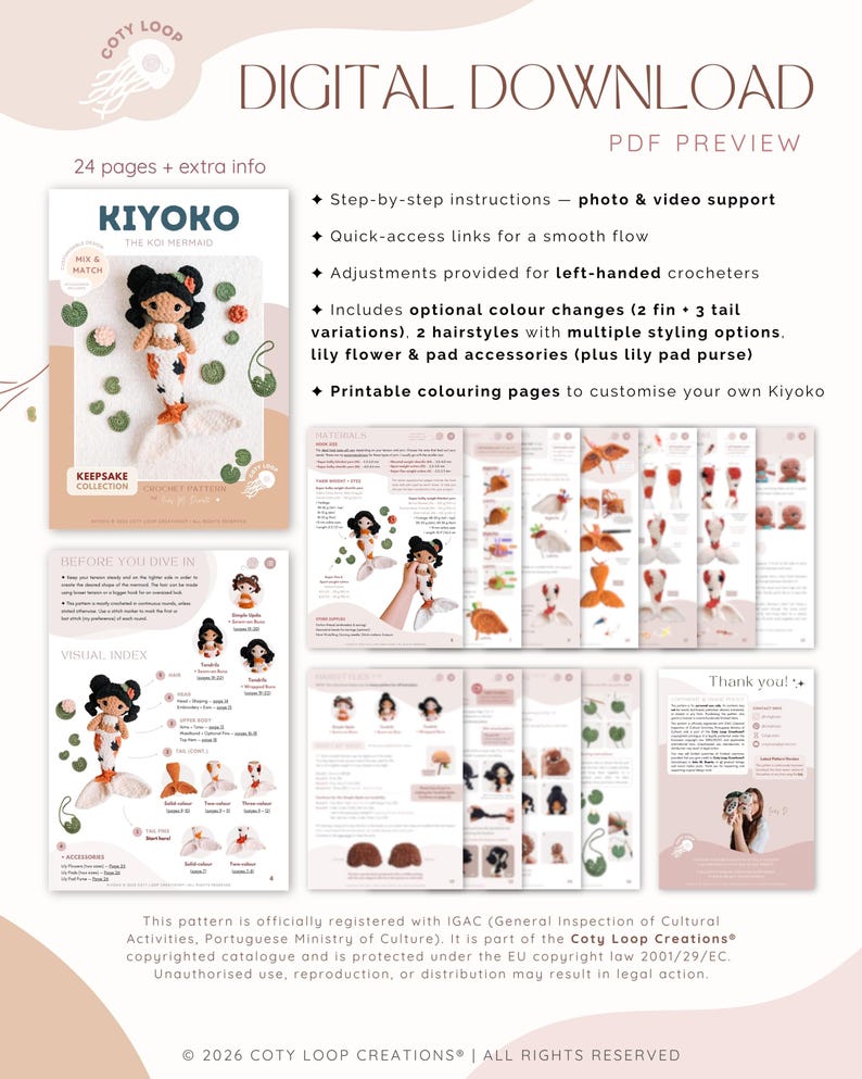 May include: Digital download PDF preview of a crochet pattern for a koi mermaid doll. The pattern includes step-by-step instructions, color change options, and printable coloring pages. The cover features a mermaid doll with black hair and an orange tail.