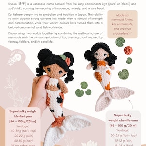 May include: Two handmade crochet mermaid dolls with koi fish-inspired designs. One doll is held, showcasing a white, orange, and black tail. The other doll is displayed on a light background. The dolls are approximately 10.4 inches (26.5 cm) and 8.3 inches (21 cm) in length.