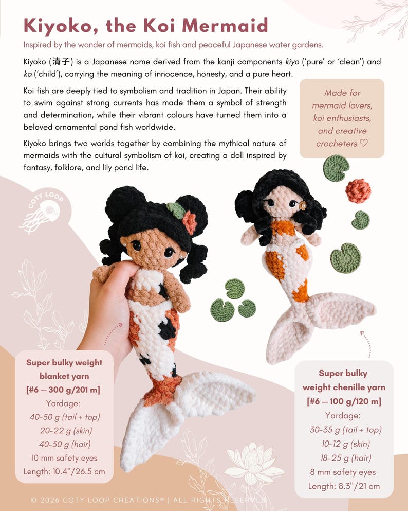 May include: Two handmade crochet mermaid dolls with koi fish-inspired designs. One doll is held, showcasing a white, orange, and black tail. The other doll is displayed on a light background. The dolls are approximately 10.4 inches (26.5 cm) and 8.3 inches (21 cm) in length.