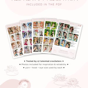 May include: A stack of printed pages with the text "TESTER APPRECIATION" and images of crocheted dolls. The pages include photos of the dolls, details about the yarn, hook, and eye size used. The text also mentions 17 talented crocheters.