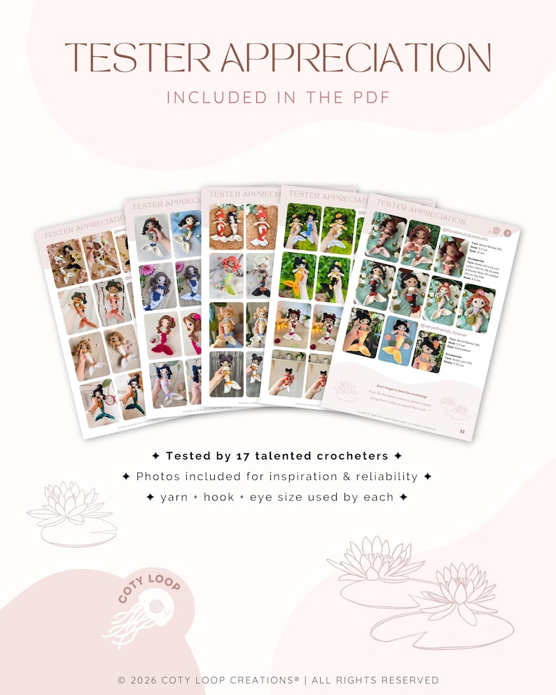 May include: A stack of printed pages with the text "TESTER APPRECIATION" and images of crocheted dolls. The pages include photos of the dolls, details about the yarn, hook, and eye size used. The text also mentions 17 talented crocheters.