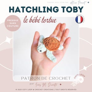 Może przedstawiać: Wzór na szydełku na małą, jasnozieloną i brązową zabawkę amigurumi w kształcie żółwia. Wzór nazywa się "Hatchling Toby" i jest opisany jako "le bébé tortue" (po francusku "mały żółw"). Wzór jest prawie bezszwowy i jest dostępny w języku francuskim.