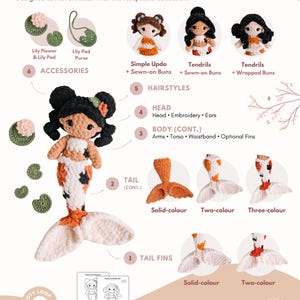 May include: A crochet pattern image featuring a mermaid doll with various customization options. Includes accessories like a lily flower and purse, and different hairstyles and tail fin designs. The text reads "INCLUDED IN THE PATTERN".