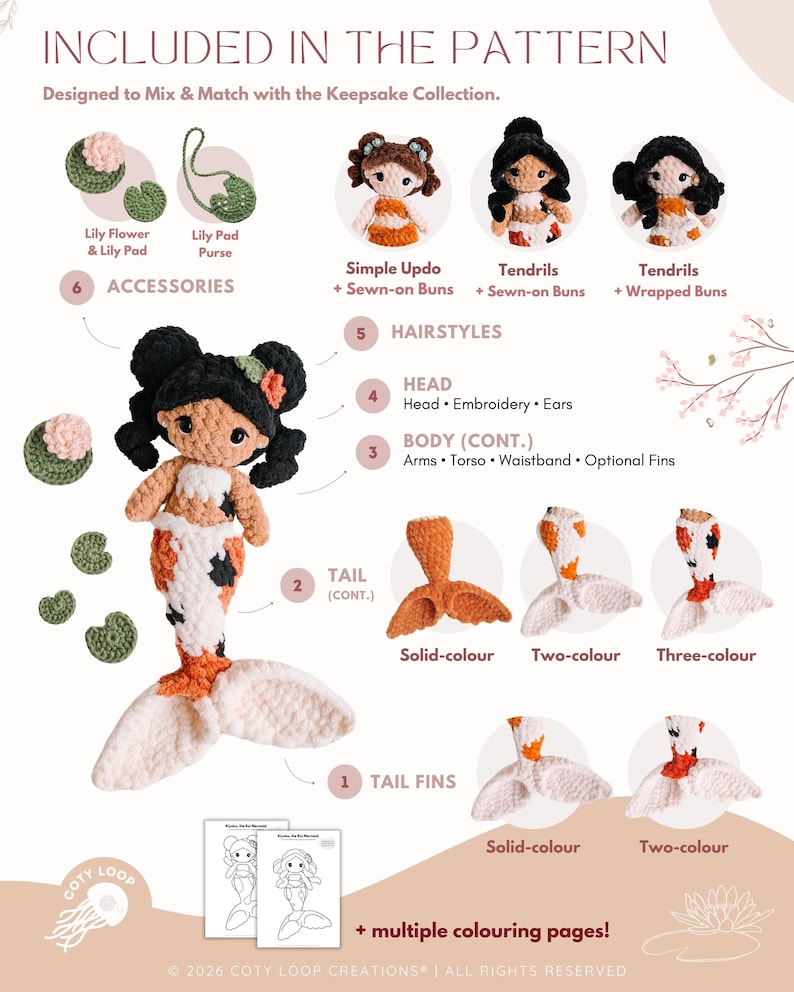 May include: A crochet pattern image featuring a mermaid doll with various customization options. Includes accessories like a lily flower and purse, and different hairstyles and tail fin designs. The text reads "INCLUDED IN THE PATTERN".