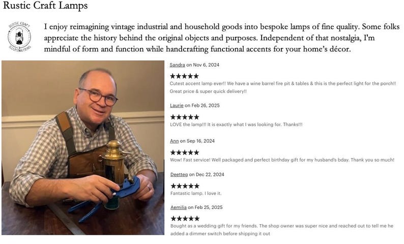 May include: A man is holding a vintage-style lamp made from a repurposed metal container. The lamp has a brass finish and a clear glass shade. The man is wearing a brown leather vest and a plaid shirt. The image includes text that reads "Rustic Craft Lamps" and includes customer reviews.