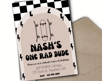 One RAD Dude Editable Birthday Invitation Template, Skateboard Birthday, First Birthday