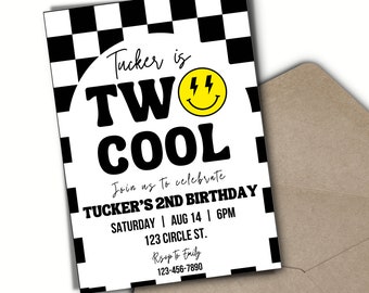Two Cool Smiley Retro Birthday Editable Invitation