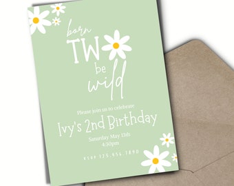 Born Two be Wild, Editable Birthday Invitation, 2nd Birthday, white daisy birthday, girl birthday