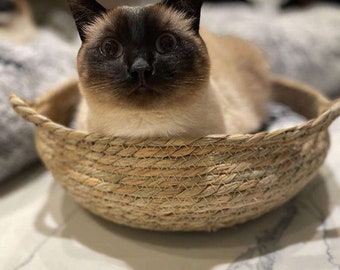 Hand Woven Rattan Pet Bed - Cat Basket-  Cat Nest - Soft Warm Washable Pillow - Homely Cat Nest - Stylish Cat Bed - Eco Friendly Cat Cave