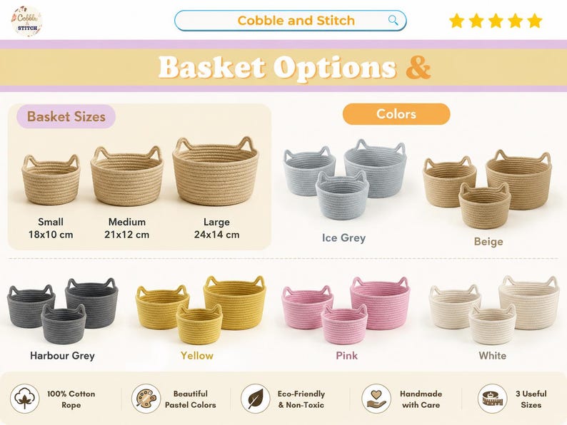 Peut inclure: Plusieurs paniers en corde de coton tress&eacute;e, disponibles en diff&eacute;rentes couleurs et tailles. L'image pr&eacute;sente des paniers gris glace, beige, gris port, jaune, rose et blanc. Les tailles sont petites (18x10 cm), moyennes (21x12 cm) et grandes (24x14 cm). Le texte indique "Basket Options &" et "Cobble and Stitch".