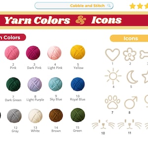 Peut inclure: Graphique pr&eacute;sentant des couleurs de fil et des ic&ocirc;nes. Les couleurs de fil comprennent le rouge, le rose, le rose fonc&eacute;, le rose clair, le jaune, l'orange, le vert fonc&eacute;, le violet clair, le bleu ciel, le bleu royal, le noir, le gris, le blanc, le marron et le vert. Les ic&ocirc;nes incluent un c&oelig;ur, une fleur, un os, un soleil, une lune, une &eacute;toile, une empreinte de patte, des symboles masculin et f&eacute;minin, et des visages de chat.