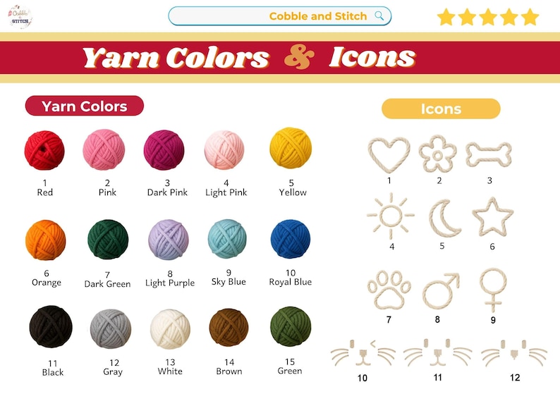 Peut inclure: Graphique pr&eacute;sentant des couleurs de fil et des ic&ocirc;nes. Les couleurs de fil comprennent le rouge, le rose, le rose fonc&eacute;, le rose clair, le jaune, l'orange, le vert fonc&eacute;, le violet clair, le bleu ciel, le bleu royal, le noir, le gris, le blanc, le marron et le vert. Les ic&ocirc;nes incluent un c&oelig;ur, une fleur, un os, un soleil, une lune, une &eacute;toile, une empreinte de patte, des symboles masculin et f&eacute;minin, et des visages de chat.
