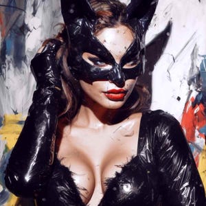 May include: A woman wearing a black leather cat mask and matching leather outfit. The mask has pointed ears and covers her eyes. The outfit is form-fitting and has a low-cut neckline.