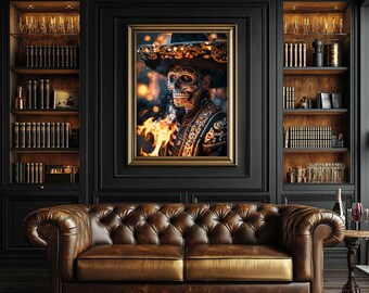 May include: A framed portrait of a person with a skull face, wearing an ornate hat and clothing, with flames in the foreground. The artwork is displayed in a room with a brown leather sofa and bookshelves.