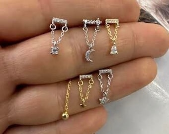 925 Massiv Silber, Baumeln Tropfen Kette Stern Piercing ,Bolzen Ohrring, Dangle Ketten Ohrringe, Knorpel Helix Kette, Floating Pear Charm Piercing