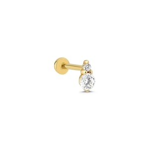 14 kt massieve dubbele solitaire piercing, gouden platte achterkantpiercing, oorstekers, platte achterkant kraakbeen, minimalistische labret met schroefsluiting