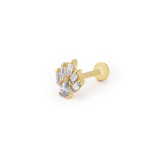 14K Solid Gold Baguette Piercing, Pear Tragus Piercing, Flat Back Piercing, Hidden Helix Piercing Flat Back Cartilage Stud Screw Back Labret