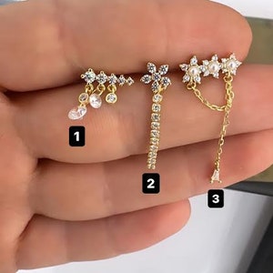 Piercing de plata maciza 925, piercing de flor, piercing de tenis con circonita cúbica delicada, piercing de hélice flotante con cadena colgante, piercing de hélice minimalista